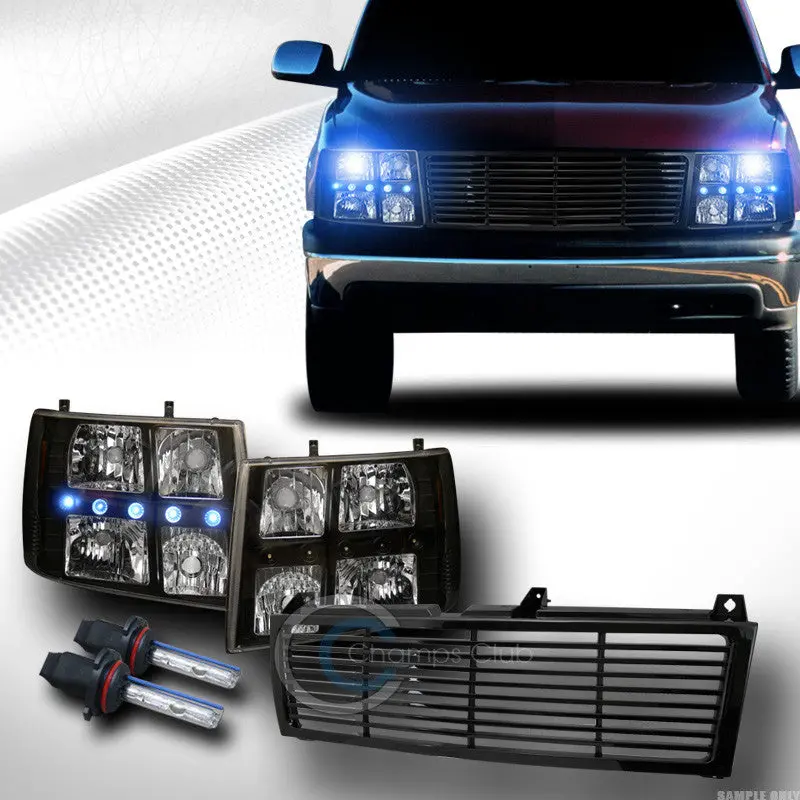 10000K Hid Xenon + Black Led Headlight Kit With Corner Lights And Grille For 1999+ Chevrolet Silverado 1