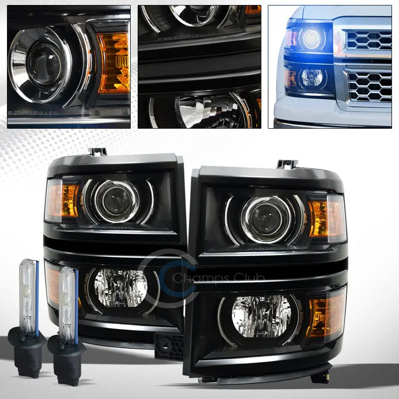 10000K Hid Xenon + Black Projector Headlights With Amber Signals For 2014–2015 Chevrolet Silverado 1500 1