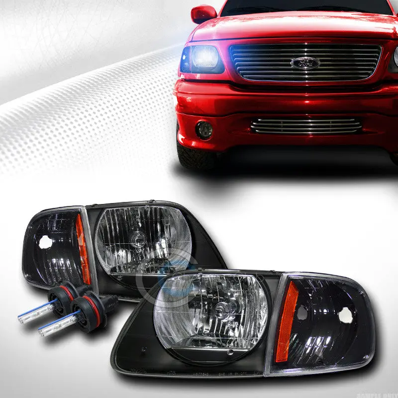 10000K Hid Xenon Black V2 Headlights With Amber Corner Signals For 1997–2003 Ford F-150 & Expedition 1
