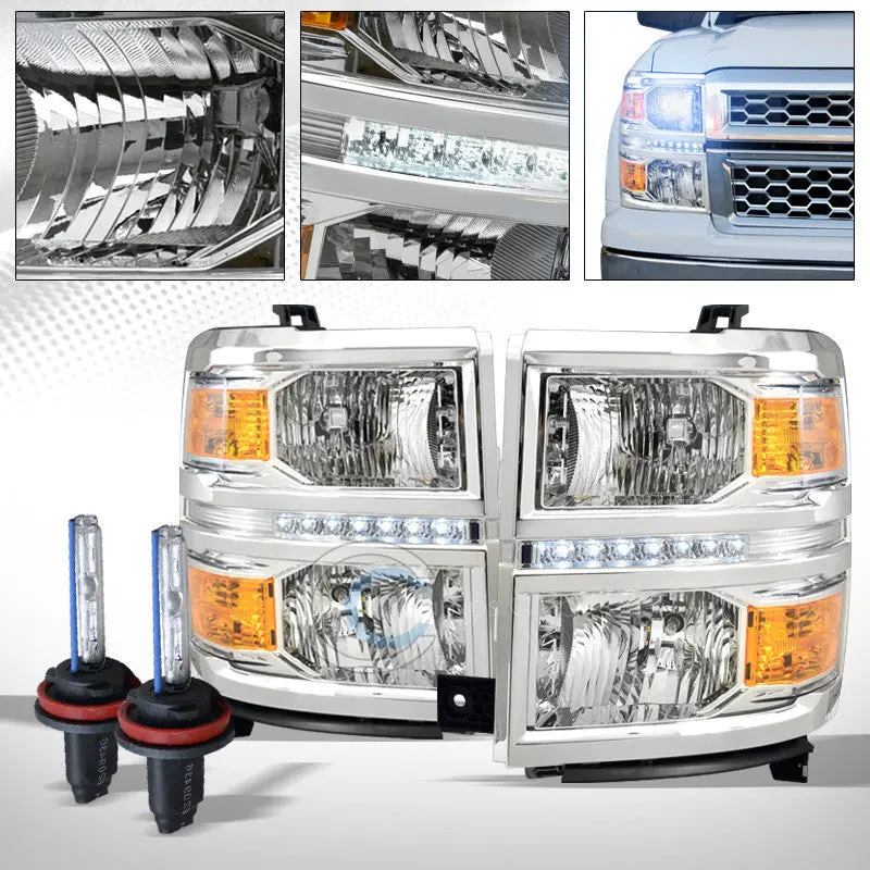 10000K Hid Xenon Headlight Assembly With Chrome Drl Led And Amber Corner Signals For 2014–2015 Chevrolet Silverado 1500 1