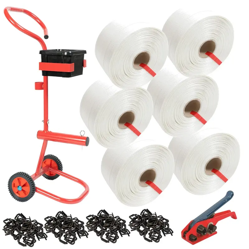 16Mm Woven Polyester Strapping Kit With Trolley Dispenser (6-Roll Set) 1