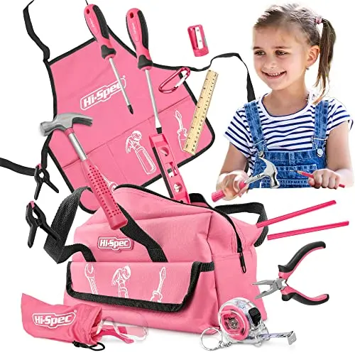18-Piece Pink Kids’ Real Metal Tool Kit With Child-Friendly Tool Bag For Hands-On Building 1