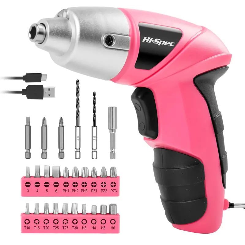 27-Piece Pink Cordless 3.6V Usb-Charged Screwdriver Kit With 23 Driver Bits 1