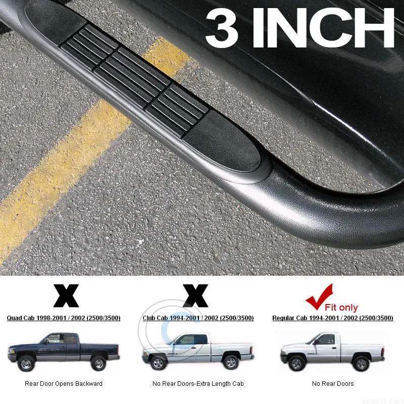 3" Hammered Black Side Step Nerf Bars For 1994–2002 Dodge Ram Regular Cab 1