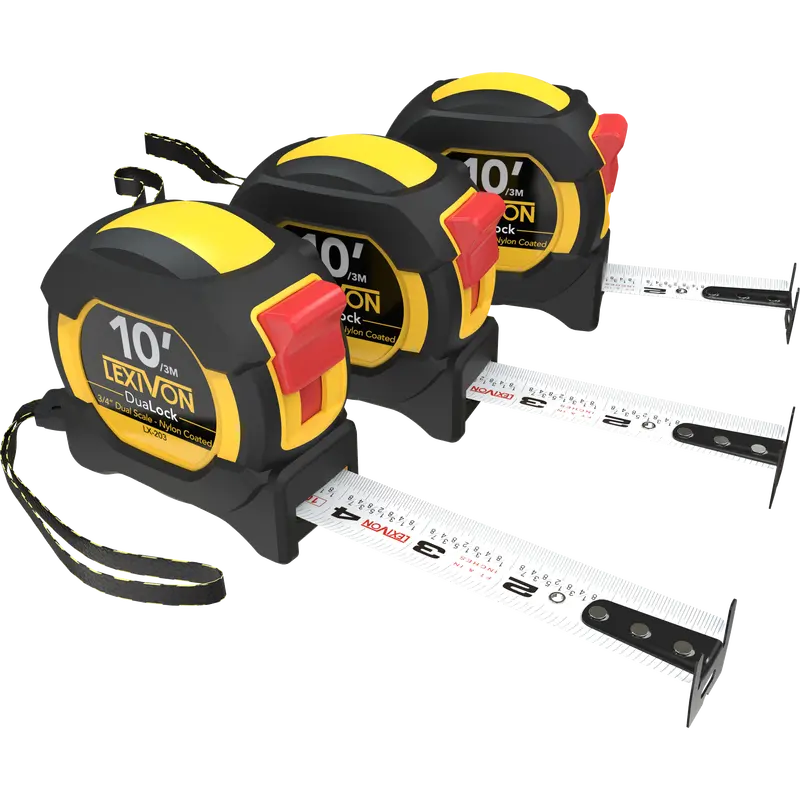 3-Pack 10-Foot Dualock Tape Measures – 3/4-Inch Nylon-Coated Blades With Dual-Scale Markings 1
