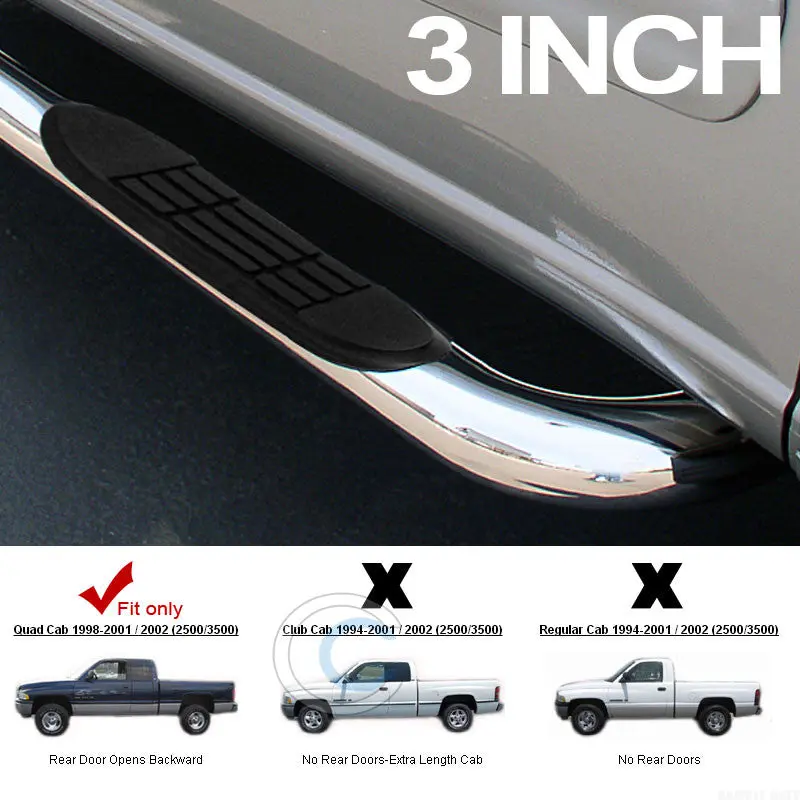3" Stainless Steel Chrome Side Step Nerf Bars For 1998–2002 Dodge Ram Quad And Extended Cab 1