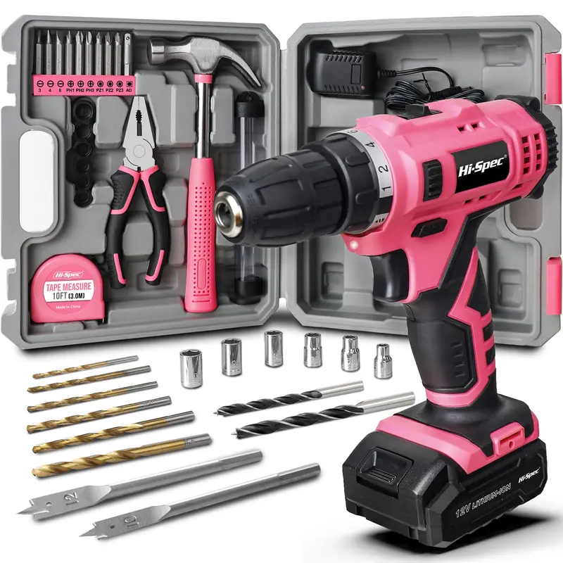 30-Piece Pink 12V Cordless Drill Driver & Diy Tool Kit In Portable Carry Case 1