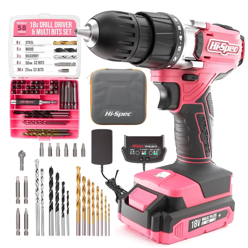 58-Piece Pink 18V Cordless Drill & Bit Kit With Zippered, Travel-Friendly Carrying Case 1