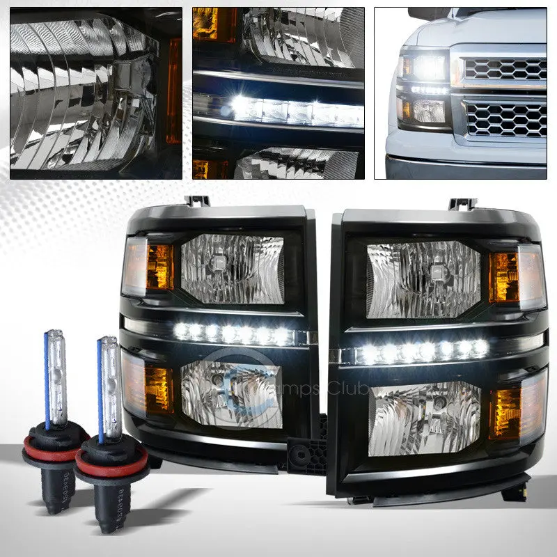6000K Hid Xenon Headlight System With Black Led Drl And Amber Running Lights For 2014–2015 Chevrolet Silverado 1500 1