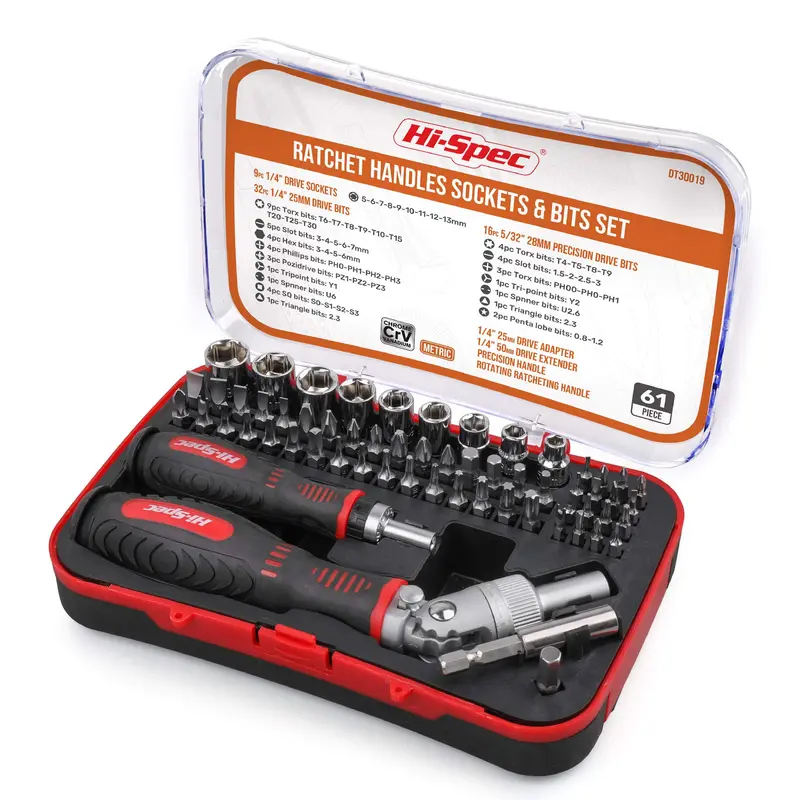 61-Piece 1/4" Drive Bit & Socket Set With Multi-Angle Ratcheting Handle For Tight-Space Access 1