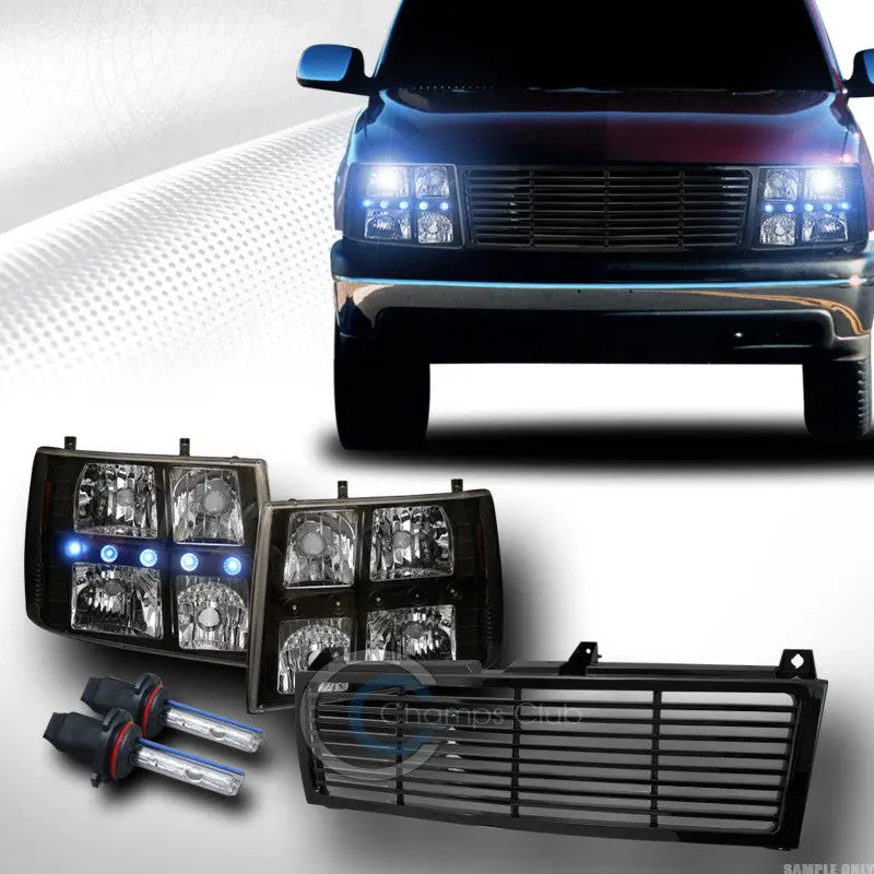 8000K Hid Xenon + Black Led Headlight Kit With Corner Lights And Grille For 1999+ Chevrolet Silverado 1