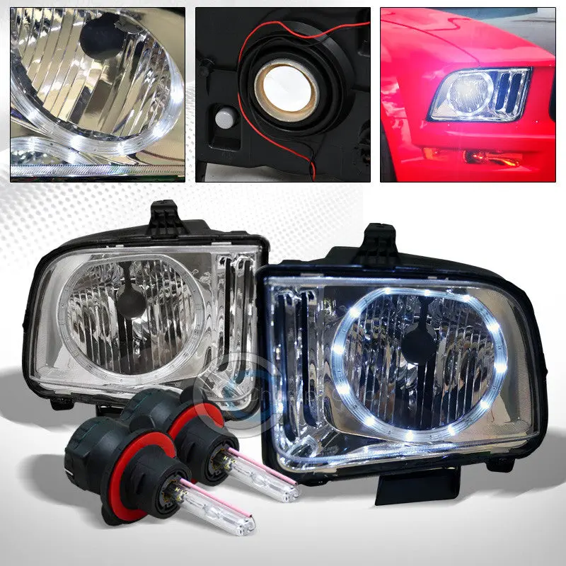 8000K Hid Xenon Headlights With Chrome Drl Led Halo Rings And Amber Signal Lamps For 2005–2009 Ford Mustang 1