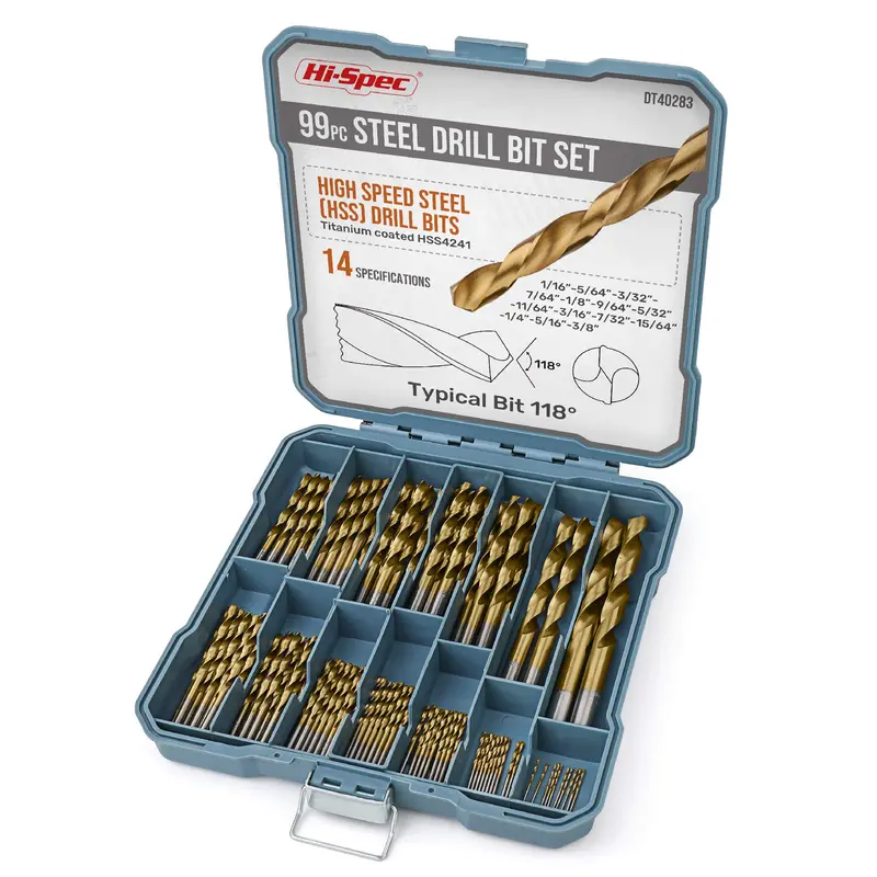 99-Piece Sae Hss Titanium-Coated Drill Bit Set (1/16"–3/8") For Wood, Metal, Plastic & Drywall 1