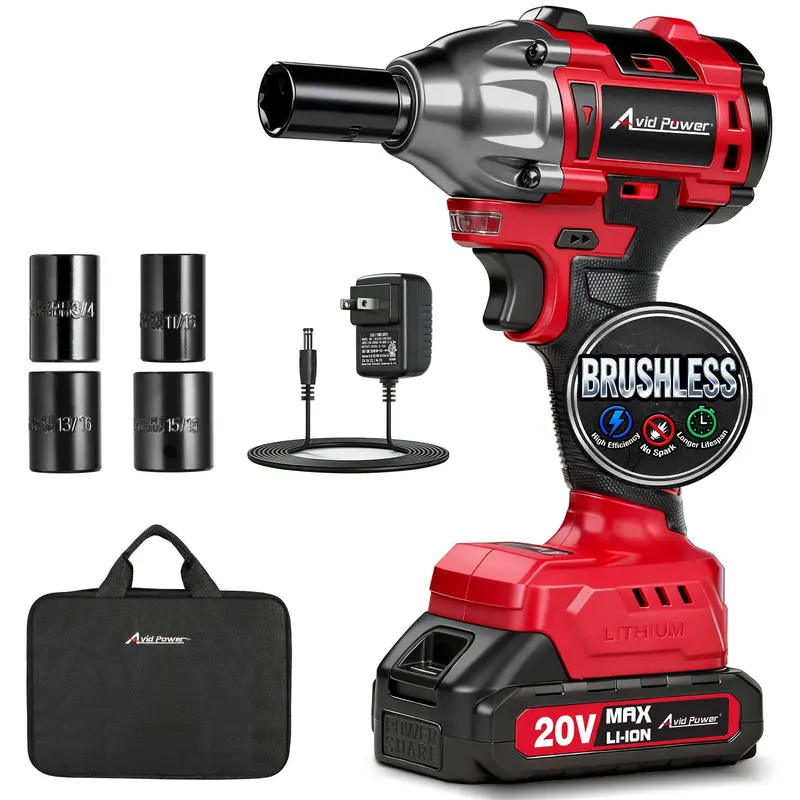 Avid Power 20V 1/2" Brushless Impact Wrench – 332 Ft-Lbs Max Torque, Dual-Speed Control, 2.0Ah Battery, Sockets & Tool Bag 1