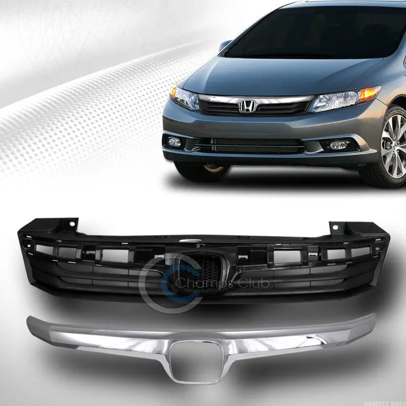 Black Bumper Grille With Chrome Trim And Plastic Molding Cover For 2012 Honda Civic Sedan 1