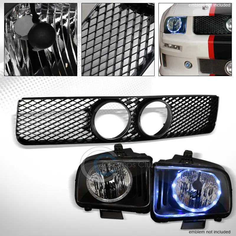 Black Crystal Drl Led Halo Headlights With Mesh Grille For 2005–2009 Ford Mustang Gt 1