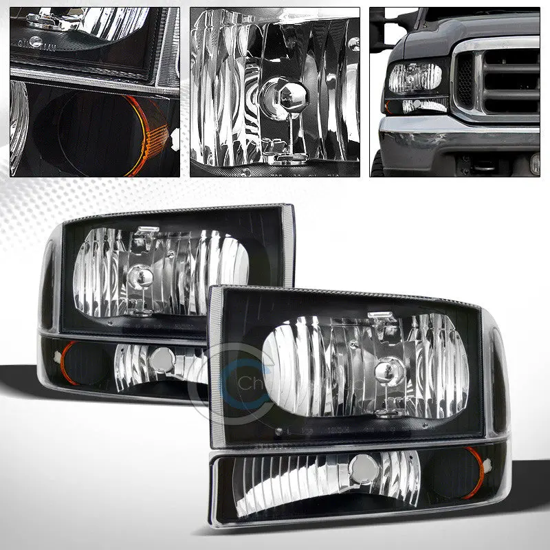 Black Crystal Headlights With Amber Bumper Lamps – Compatible With 1999–2004 Ford Super Duty F-250/F-350 And Excursion 1
