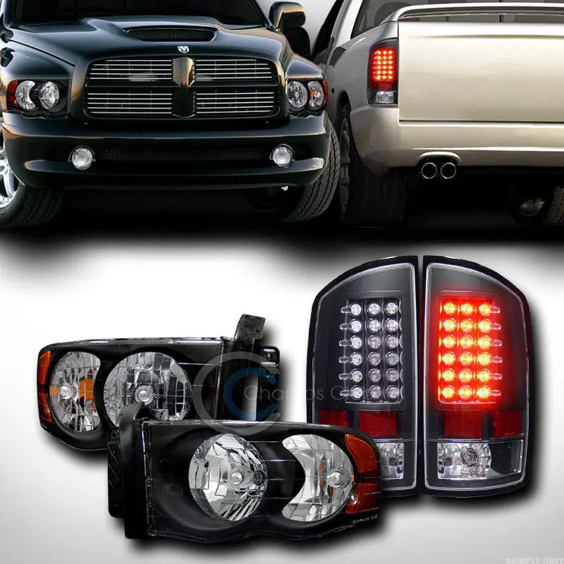 Black-Crystal Headlights With Amber Turn Signals And Led Brake/Tail Lamps For 2002–2005 Dodge Ram 1