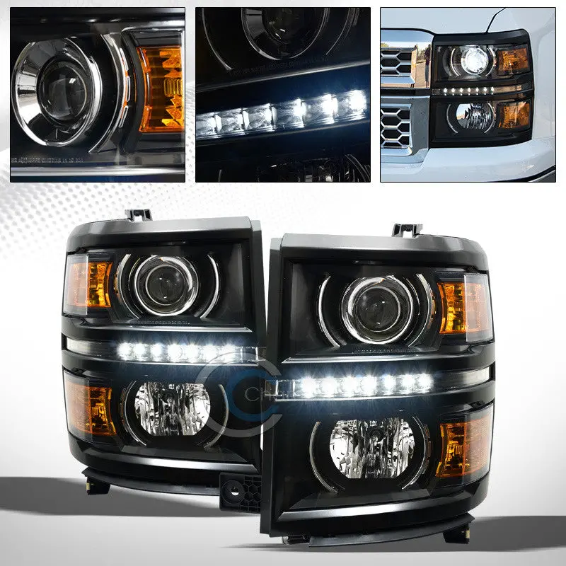 Black Crystal Led Projector Headlights With Drls And Amber Turn Signals For 2014–2015 Chevrolet Silverado 1500 1