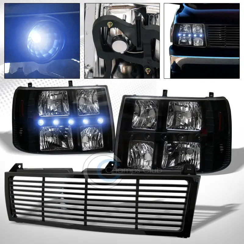 Black Drl Led Headlights And Corner Lamps With Bumper Grill Grille For 1999–2006 Chevrolet Silverado Suv 1