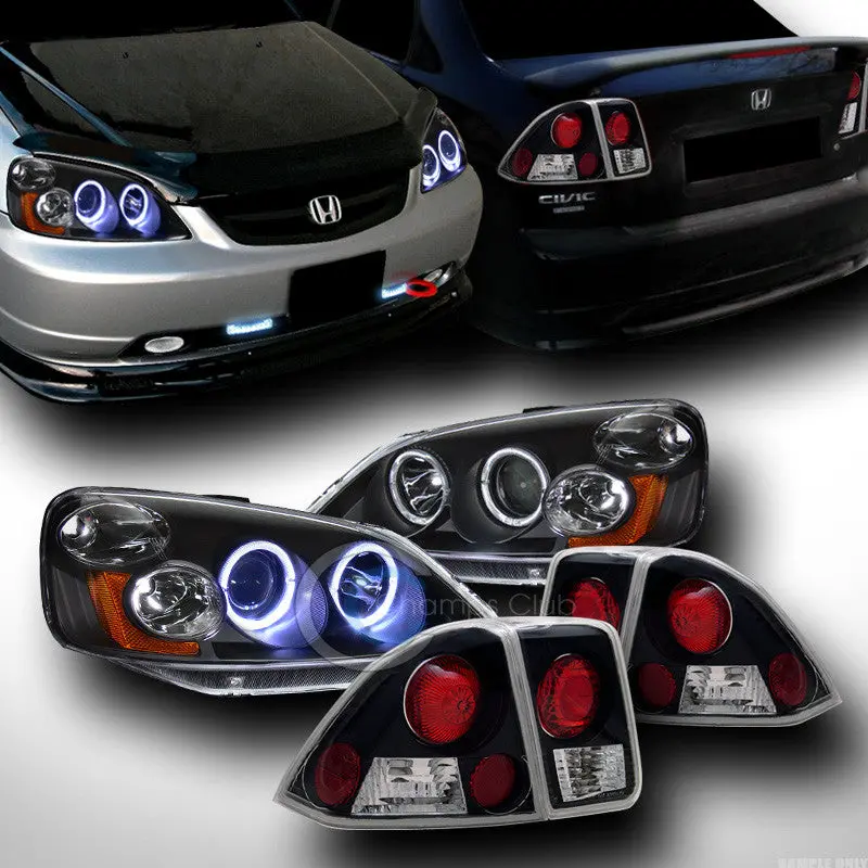 Black Dual-Halo Projector Headlights With Turn Signals And Altezza Tail Lamps For 2001–2003 Honda Civic (4-Door) 1