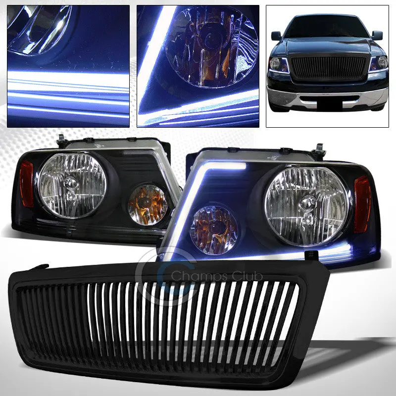 Black-Finish Drl Led Strip Headlights With Vertical Grille Guard For 2004–2008 Ford F-150 1