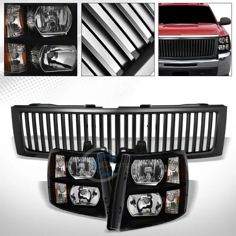 Black Headlights With Amber Signals + Matte Black Vertical Grille – Chevrolet Silverado 1500 (2007–2013) 1