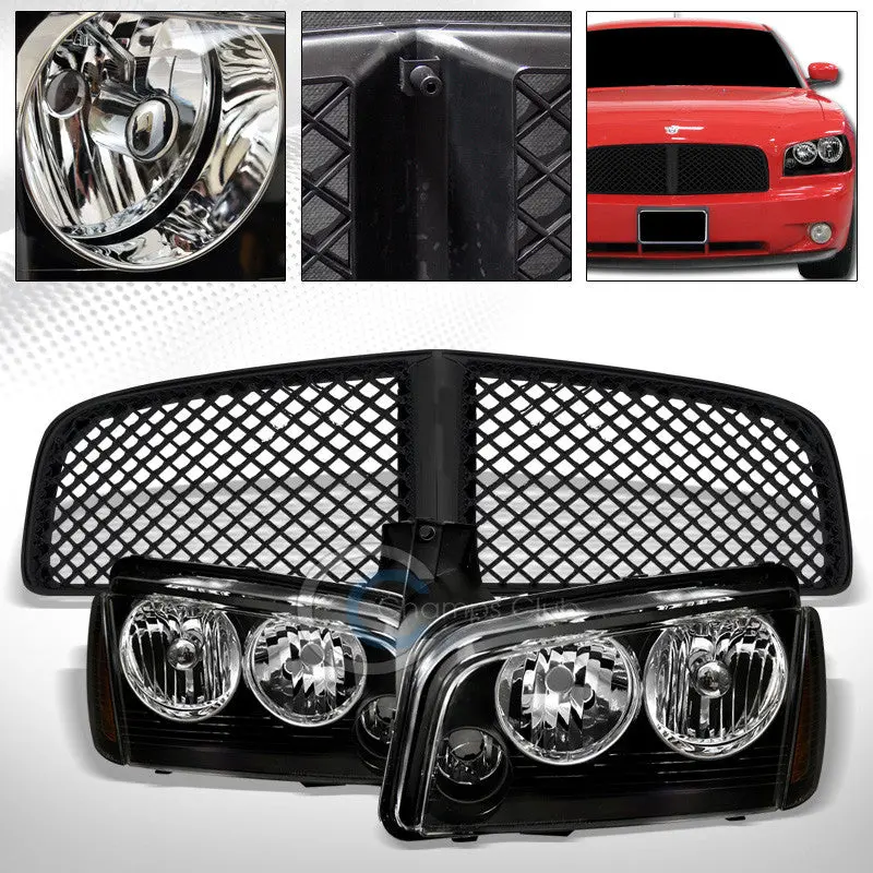 Black Headlights With Corner Amber Turn Signals And Textured Mesh Grille For 2005–2010 Dodge Charger 1