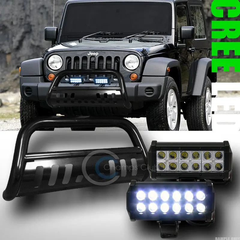 Black Heavy-Duty Bull Bar Grill Guard For 2007–2009 Jeep Wrangler Jk – Includes Integrated 36W Cree Led Fog Lights 1