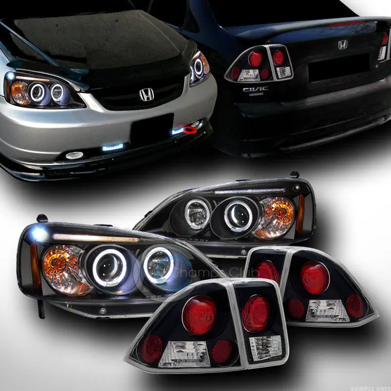Black Led Halo Projector Headlights With Turn Signals And Altezza-Style Tail Lamps For 2001–2003 Honda Civic (4-Door) 1
