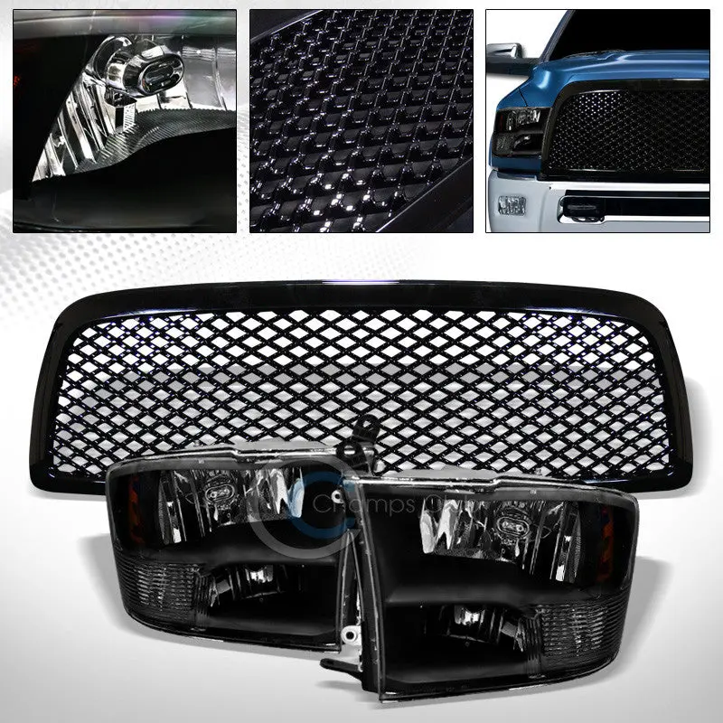 Black Quad-Projector Headlights With Amber Turn Signals And Hood-Mounted Grille For 2009–2012 Dodge Ram 1500 1