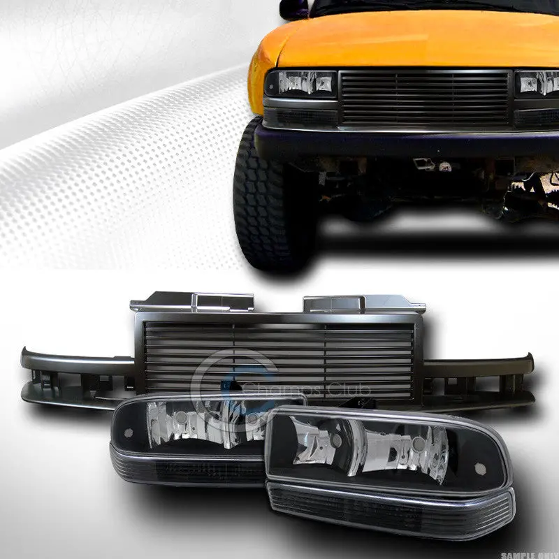 Black Sport Headlights With Signal And Bumper Lamps Plus Hood Grille For 1998–2004 Chevrolet S10 Blazer 1