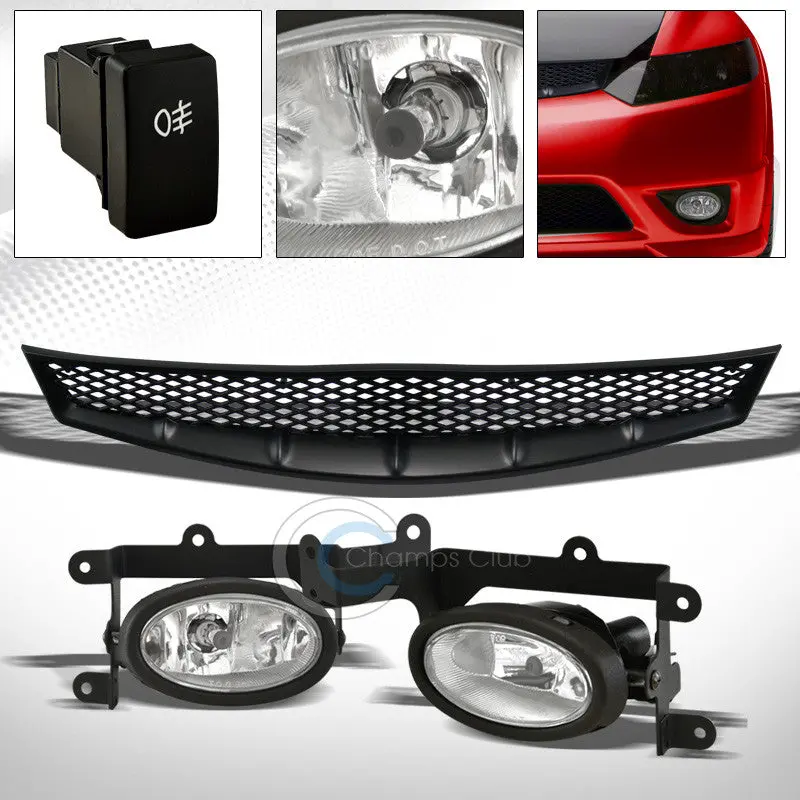 Black T-R Mesh Grille With Integrated Chrome Fog Lights And Toggle Switch For 2006–2011 Honda Civic 2-Door 1