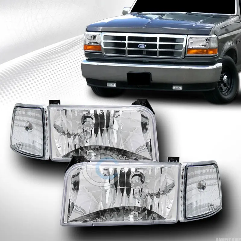 Chrome Crystal Headlight Assembly With Amber Corner Turn Signals For 1992–1996 Ford F-150, F-250, F-350, And Bronco 1