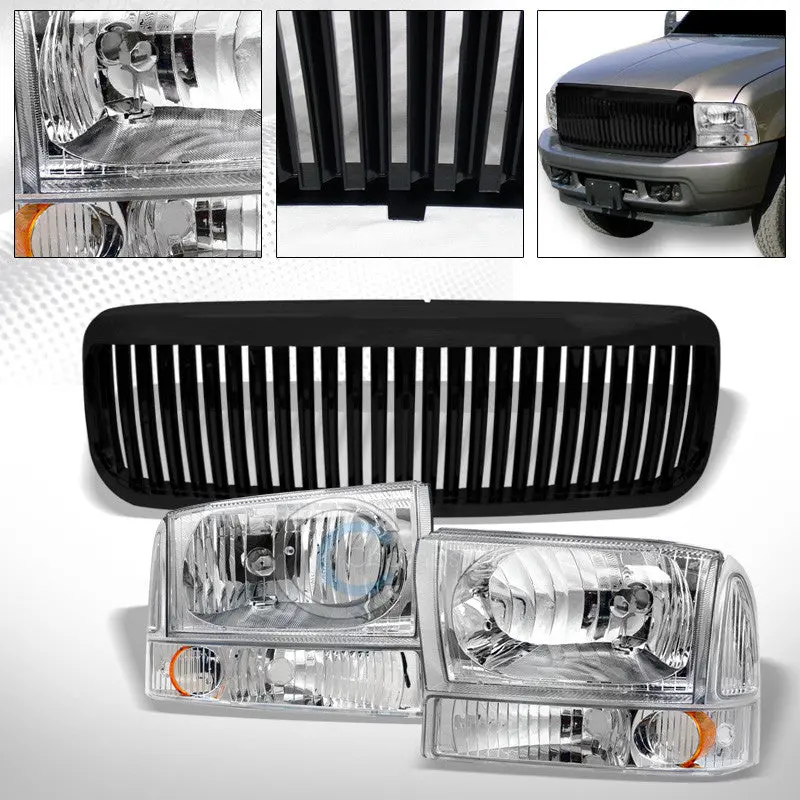 Chrome Headlight Corners With Amber Turn Signals And Black Vertical Grille – Ford F250/F350 Super Duty (1999–2004) 1