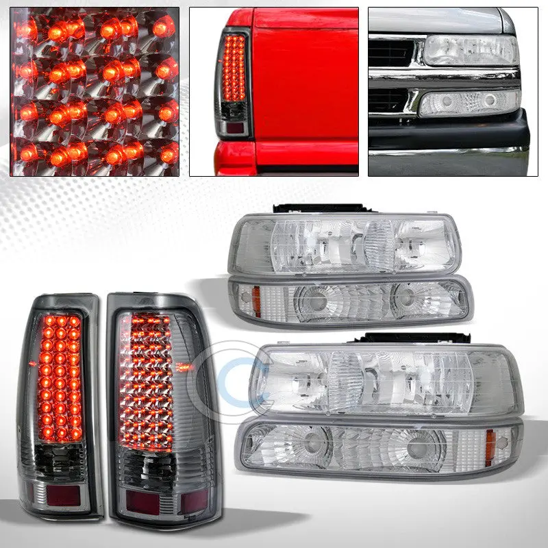 Chrome Headlights With Amber Bumper Lights And Smoke Led Brake/Taillights For 1999–2002 Chevy Silverado 1