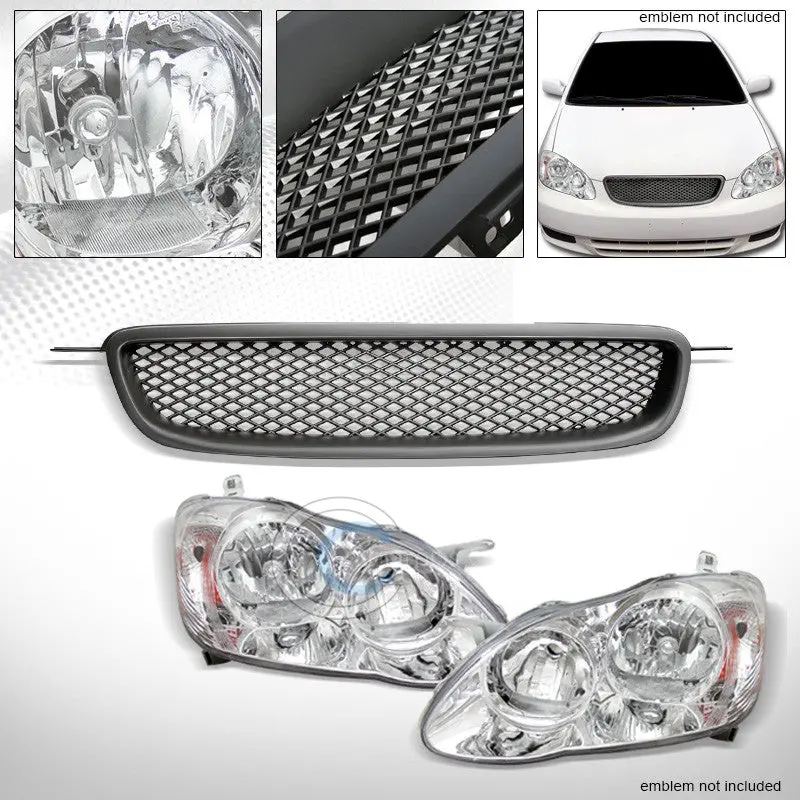 Chrome Headlights With Amber Signals And Matte Black Mesh Bumper Grille For 2003–2004 Toyota Corolla 1