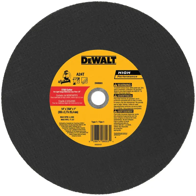 Dewalt 14" × 1" Stud-Cutter Chop Saw Wheel 1