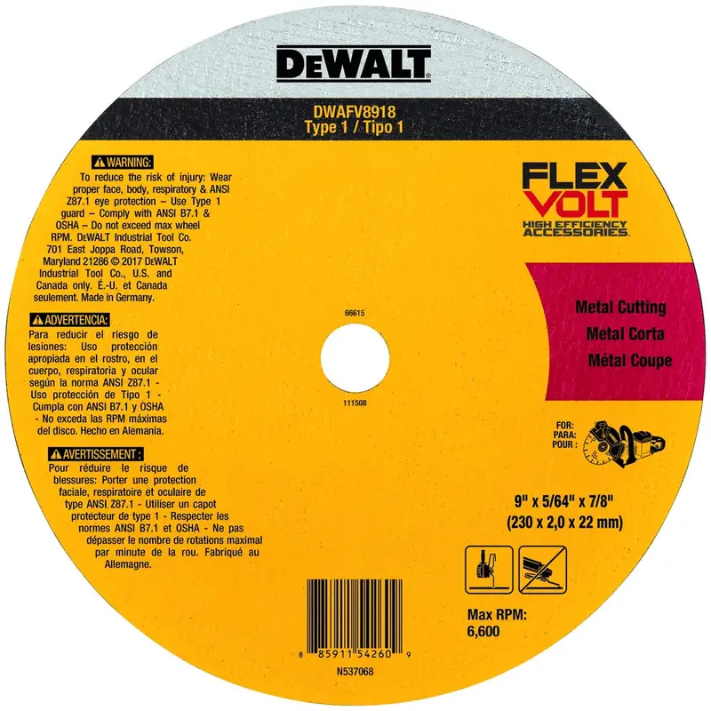Dewalt Flexvolt® Type 1 Ceramic Metal Cut-Off Wheel — 4-1/2" Diameter 1