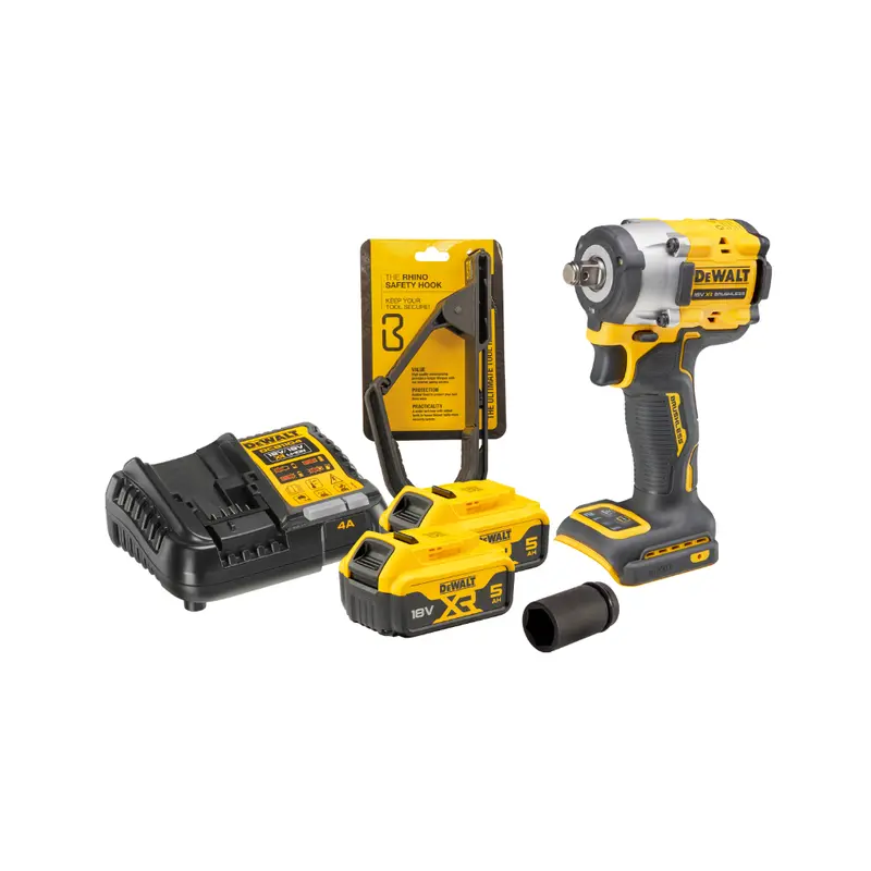 Dewalt Scaffolding Impact Wrench Complete Kit – 2×5Ah Batteries, Charger, Rhino Hook & Socket Set 1