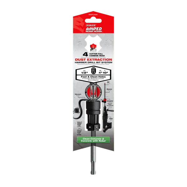 Diablo Amped Rebar Demon Hammer Drill Bit – 1/2" × 10", Sds-Plus, 4-Cutter Full Carbide With Dust Extraction 1