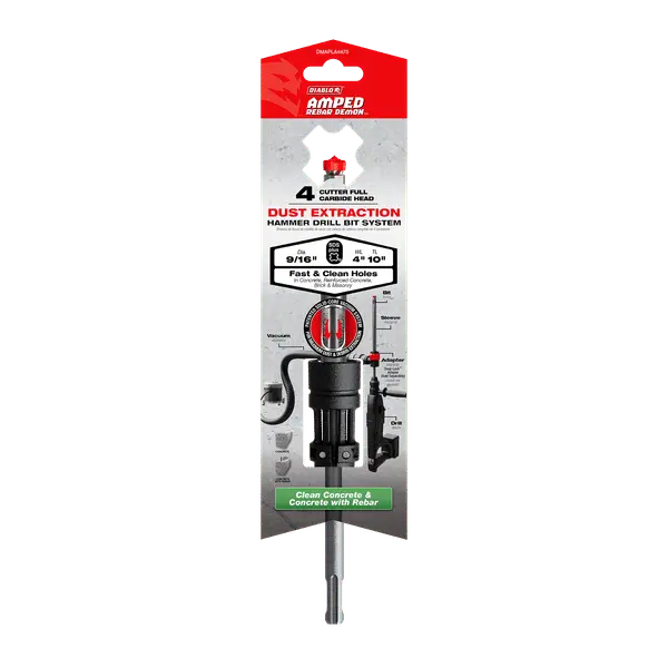 Diablo Amped Rebar Demon Hammer Drill Bit – 9/16" × 10", Sds-Plus, 4-Cutter Full Carbide With Dust Extraction 1