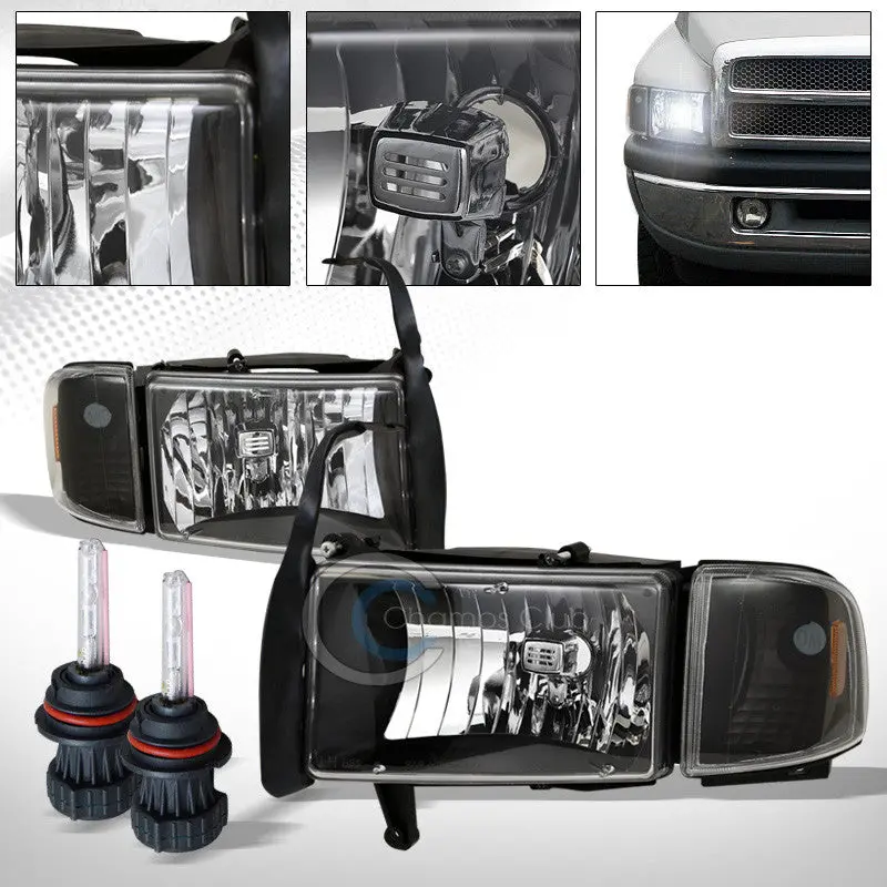 Dodge Ram 1994–2001 Black Hid Headlights With Amber Corner Signals & Bi-Xenon 6000K Output 1