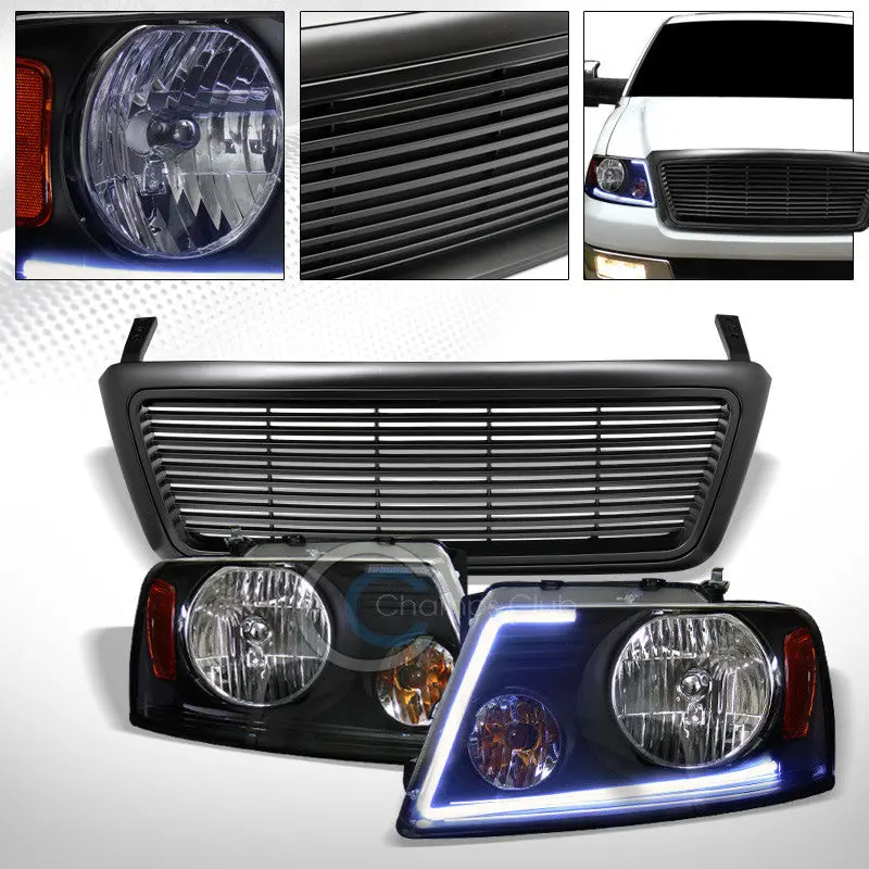 Drl Led Strip Kit With Black Headlights And Matte Horizontal Grille For 2004–2008 Ford F-150 1