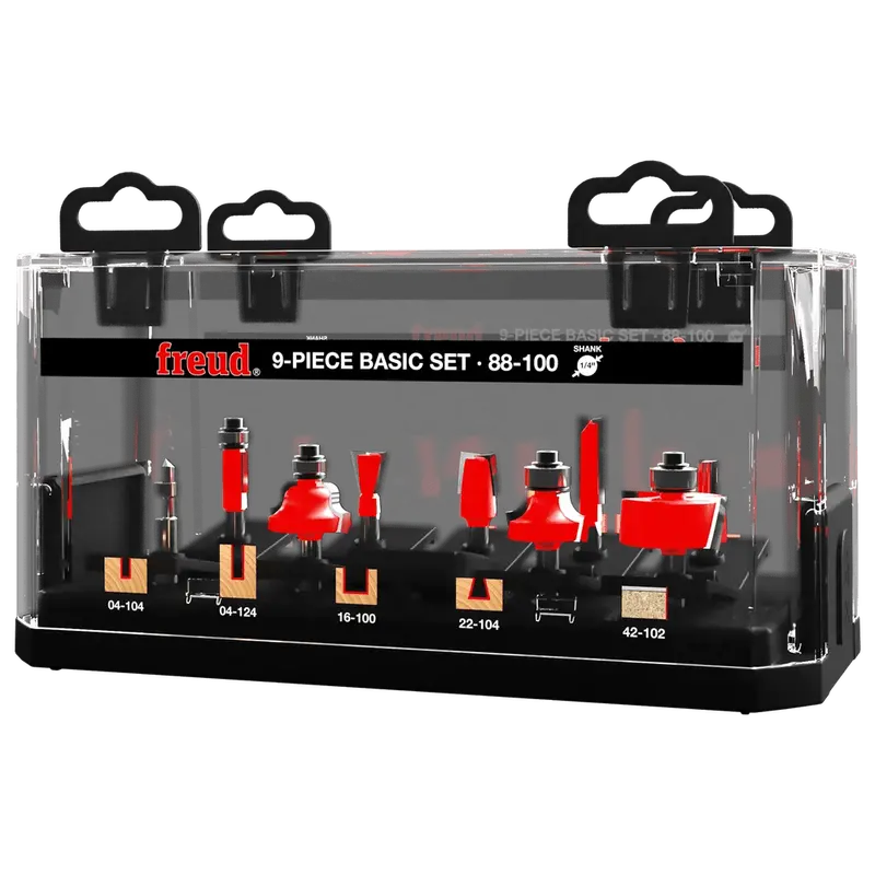 Freud 9-Piece Router Bit Set – 1/4" Shank, Essential Profiles (88-100) 1