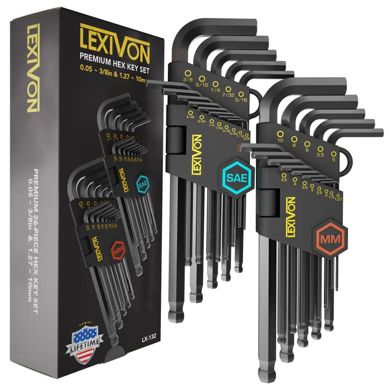 Lexivon 26-Piece Metric & Sae Allen Wrench Set — L-Shape Ball-End Hex Keys, Industrial S2 Alloy Steel (Lx-132) 1