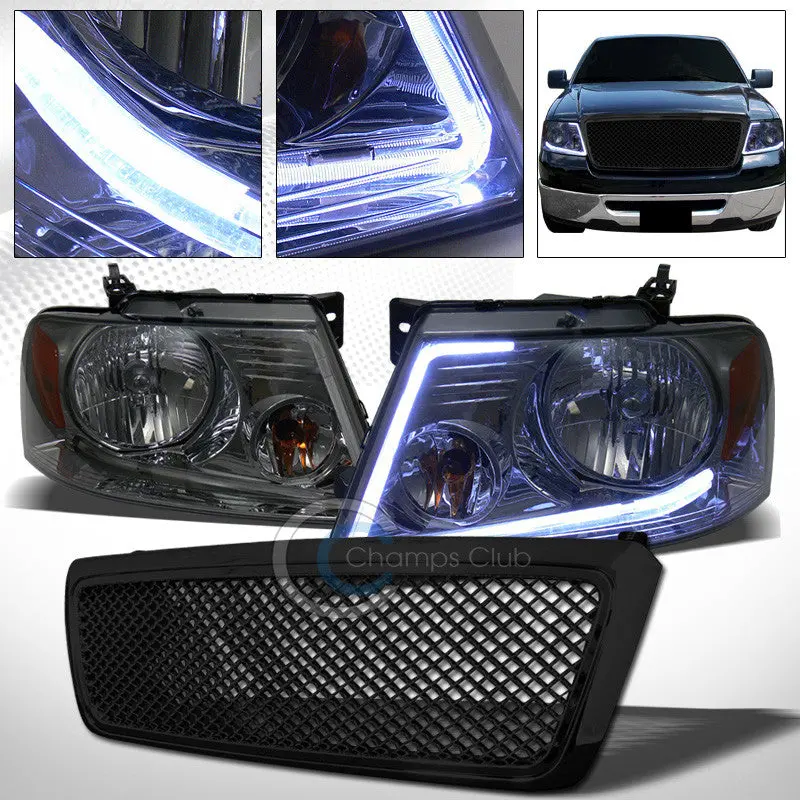 Smoke-Finish Drl Led Strip Headlights With Black Honeycomb Mesh Grille For 2004–2008 Ford F-150 1