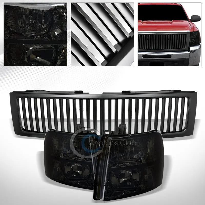 Smoke Headlights With Amber Signals + Matte Black Vertical Grille – Silverado 1500 (2007–2013) 1