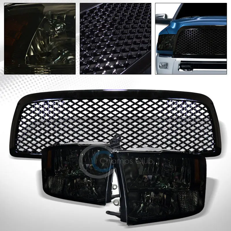 Smoke Quad-Projector Headlights With Amber Turn Signals And Hood-Mounted Grille For 2009–2012 Dodge Ram 1500 1