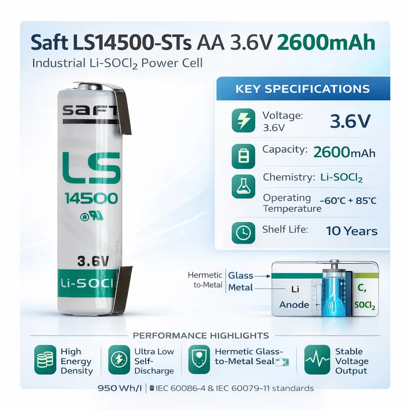 Saft Ls14500-St Lithium Aa Battery – 3.6V 2600Mah With Solder Tabs 1